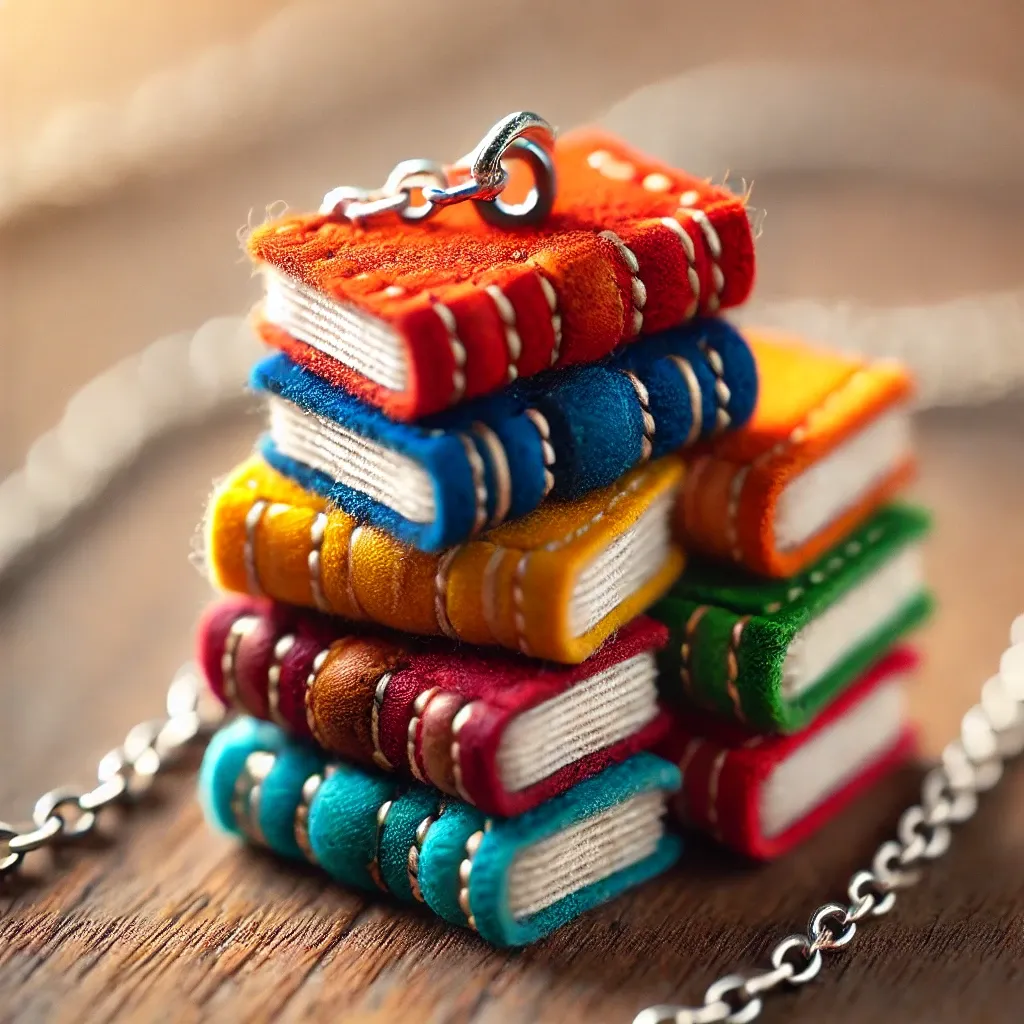DALL·E 2025-10-06 08.48.49 - Close-up of a handcrafted miniature necklace pendant designed as a stack of colorful tiny books. Each miniature book is made of leather or fabric in d.webp